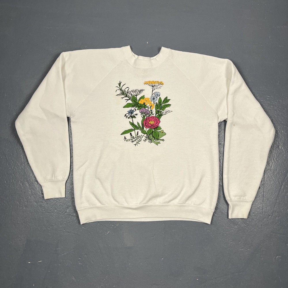 Vintage 90s Frog And Flower Crewneck Sweatshirt White Large Cute Spring VTG