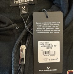 True Religion Distressed HS Zip Hoodie Jet Black Size Large New With Tags