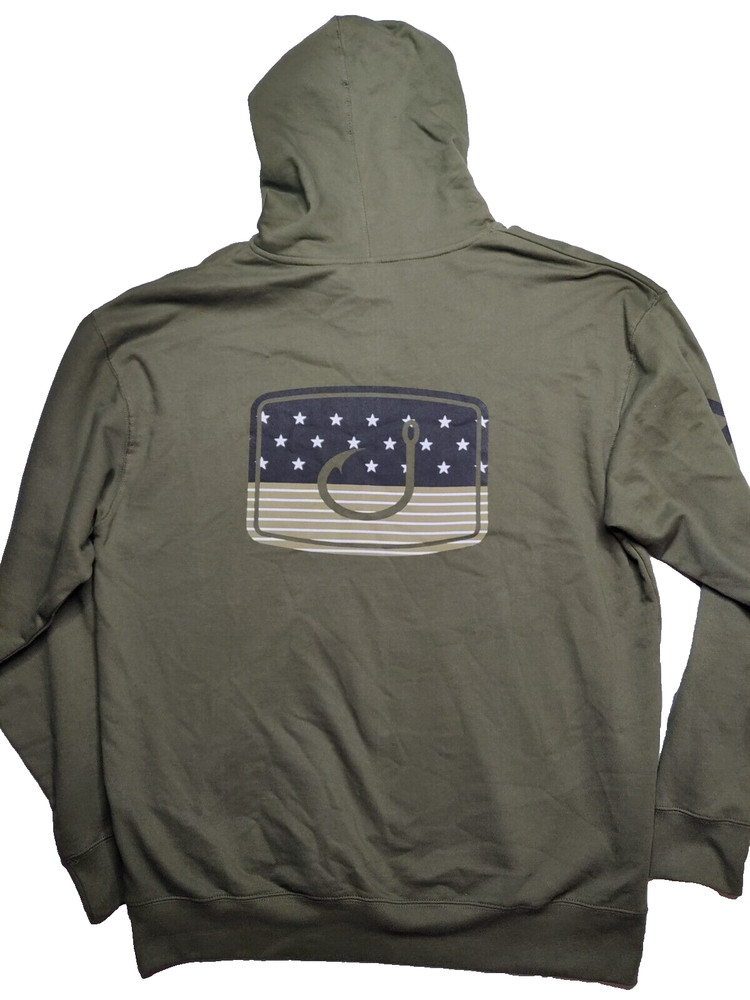 AVID Merica Fatigue Fishing Hook Green Double-Sided Pullover Hoodie – Men XL NEW