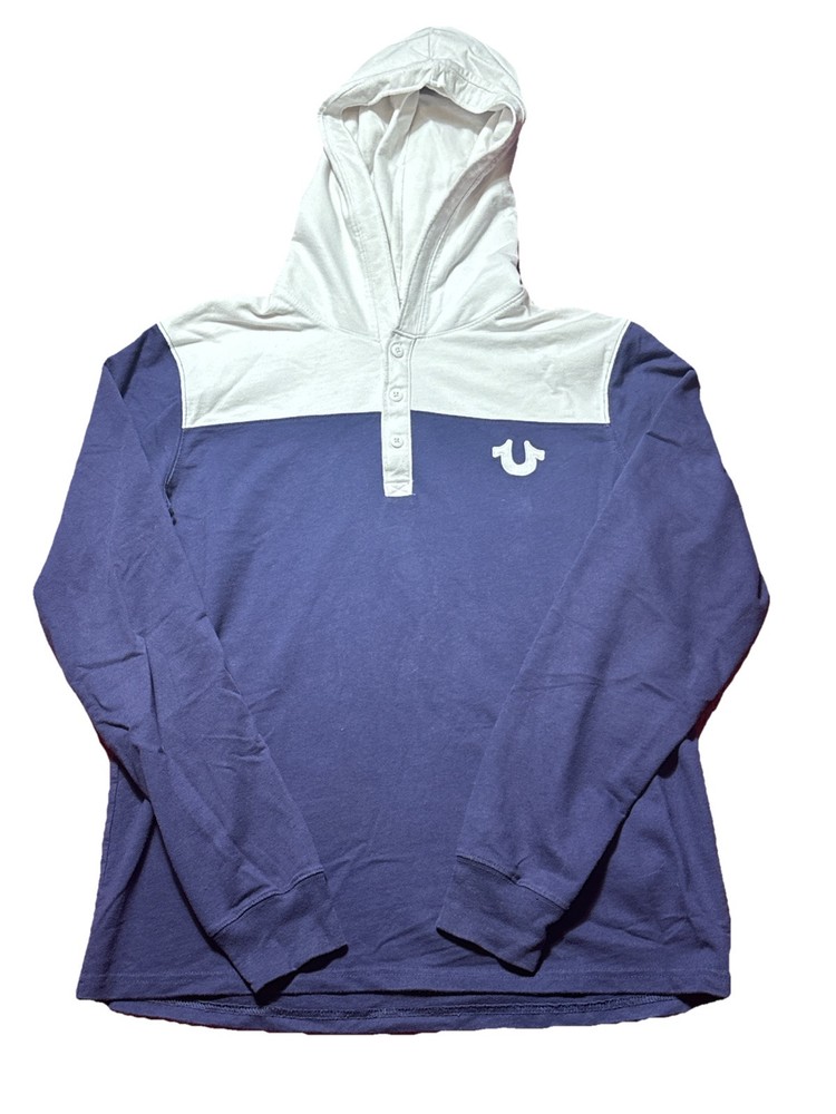 True Religion Hoodie Mens Medium Blue White Color Block 1/4 Button Up Sweater
