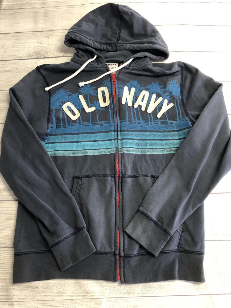Old Navy Hoodie Sweatshirt Mens Small Blue Palm Tree Graphic Full Zip Front