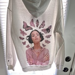 OR White Fleece Pullover Hoodie Butterfly Graphic Print Pockets Drawstring M