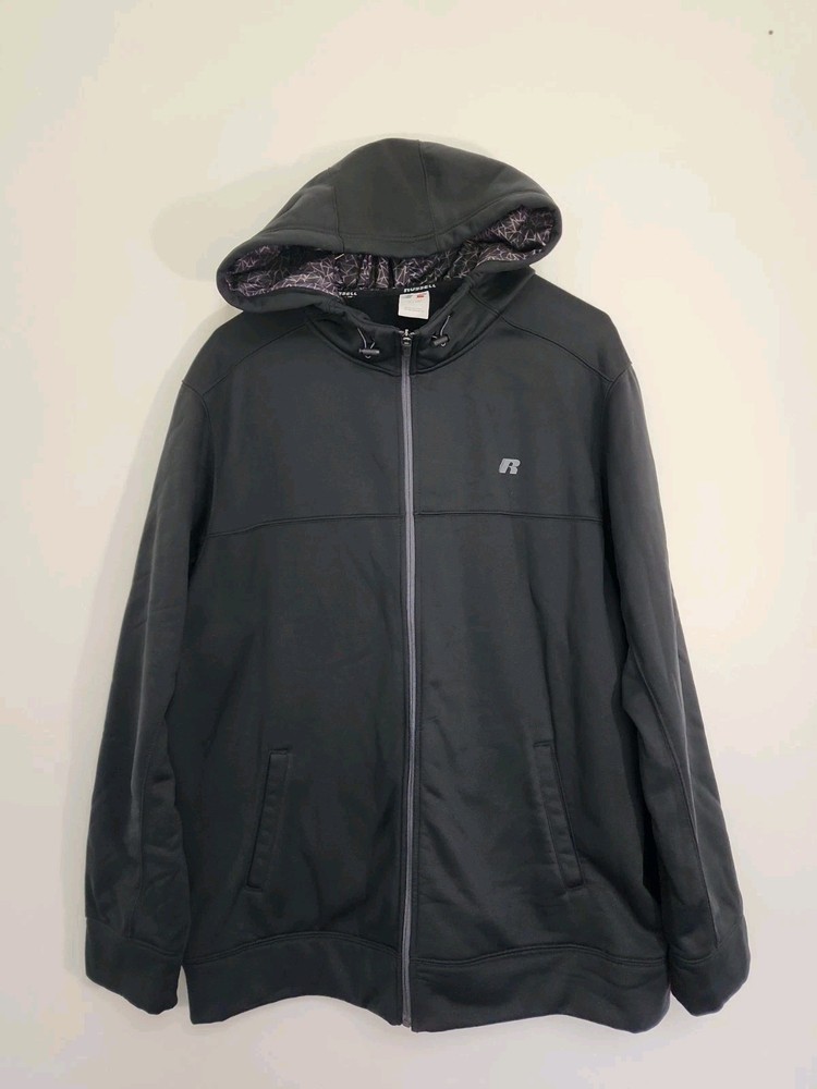 Russell Mens Hooded Jacket Full Zip Fleece Lined Black Inside Pockets Size 3XL