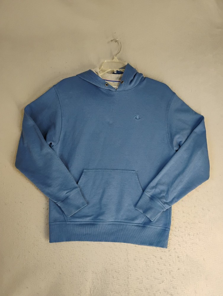Champion Mens Sweatshirt Medium Blue Hooded Long Sleeve Knit Logo Pullover