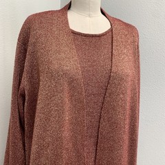 Susan Graver Sweater Duster Cardigan & Tank 2 PC Set Womens 1X Red Gold Shimmer
