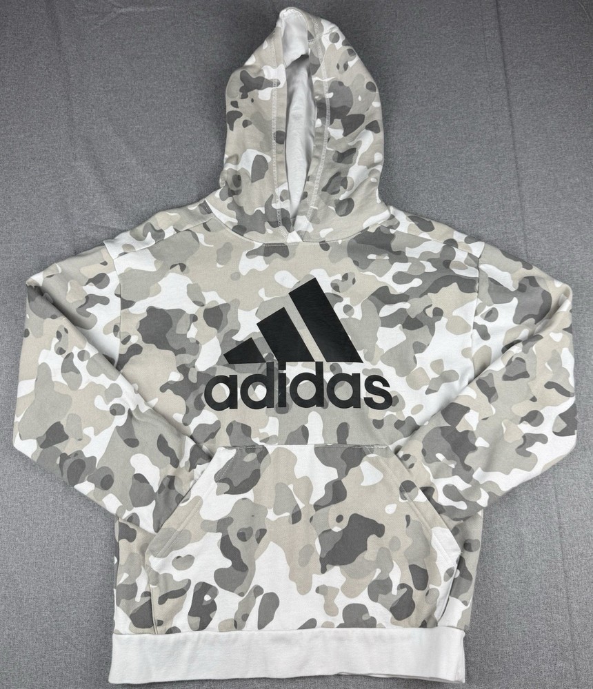 Adidas Camo Hoodie Large Gray White Pullover Fleece Logo Sweatshirt