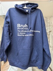 Navy Blue Fleece Pullover Hoodie Size LARGE Graphic BRUH Gildan Heavy Blend
