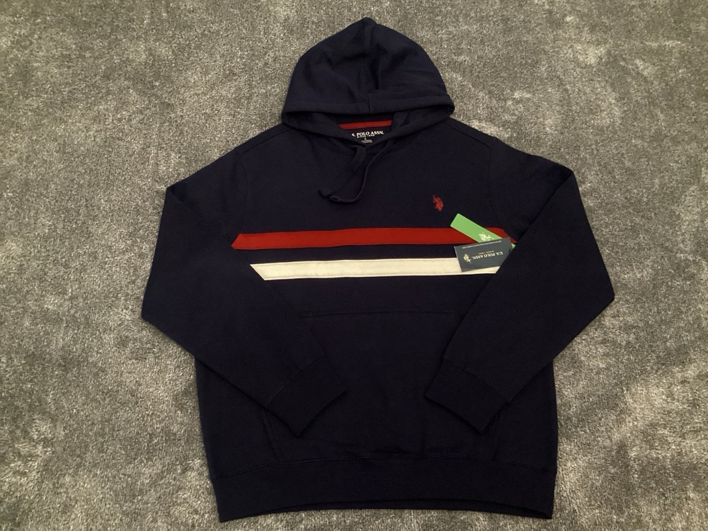 US Polo Assn Striped Navy Blue Pullover Hoodie Fleece Men’s Size S Cotton Blend