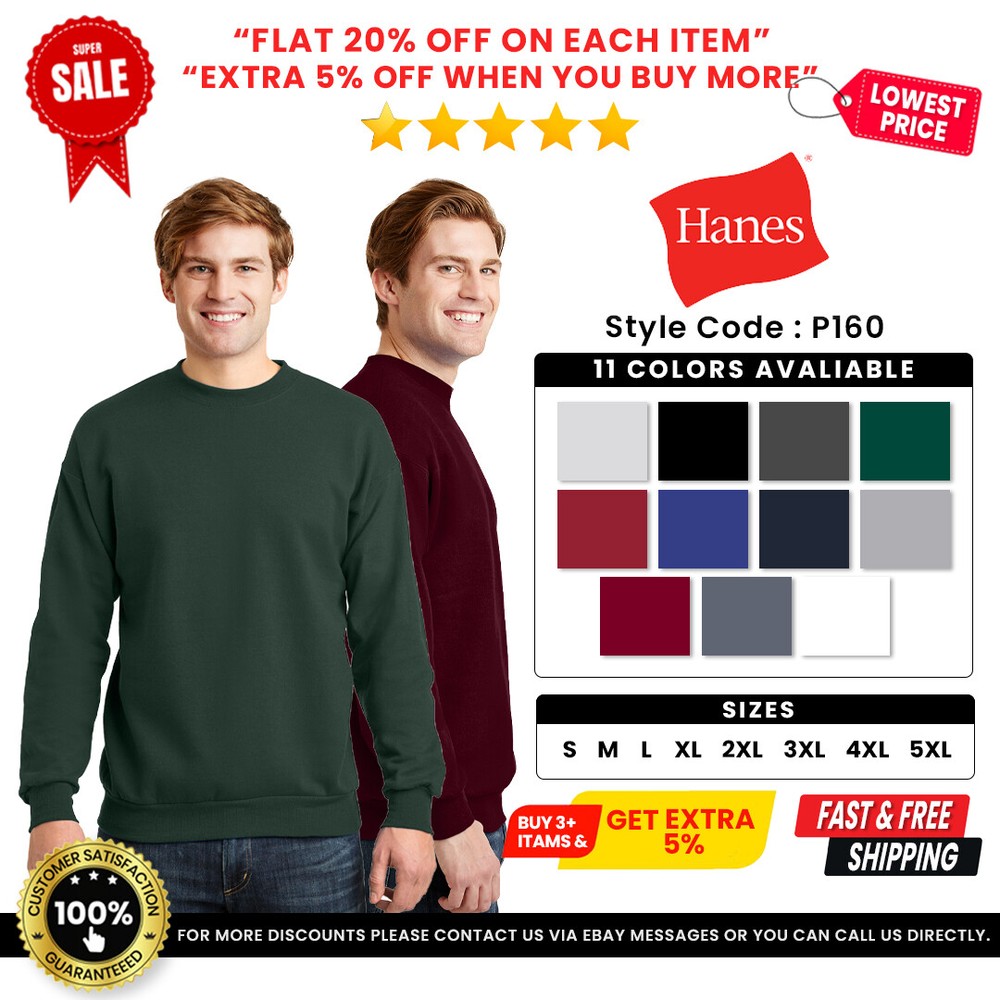 Hanes P160 Unisex EcoSmart Long Sleeve Crew Neck Stylish Pullover Sweatshirt