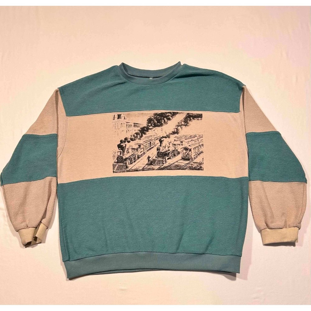 Vintage Style Train Graphic Colorblock Sweatshirt Teal Tan French Terry Large