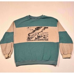 Vintage Style Train Graphic Colorblock Sweatshirt Teal Tan French Terry Large
