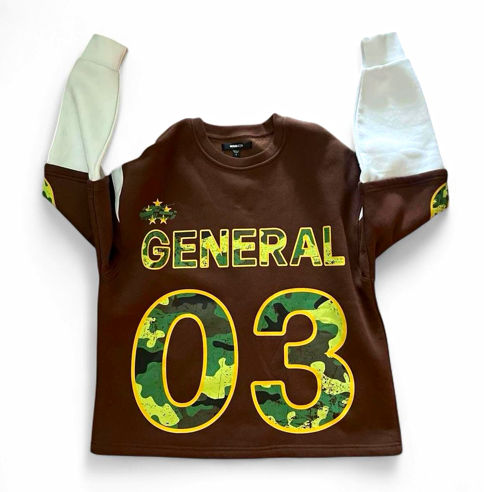 Men’s S Brown/White Crew Neck Pullover Sweatshirt Camo Graphic Print Soldier