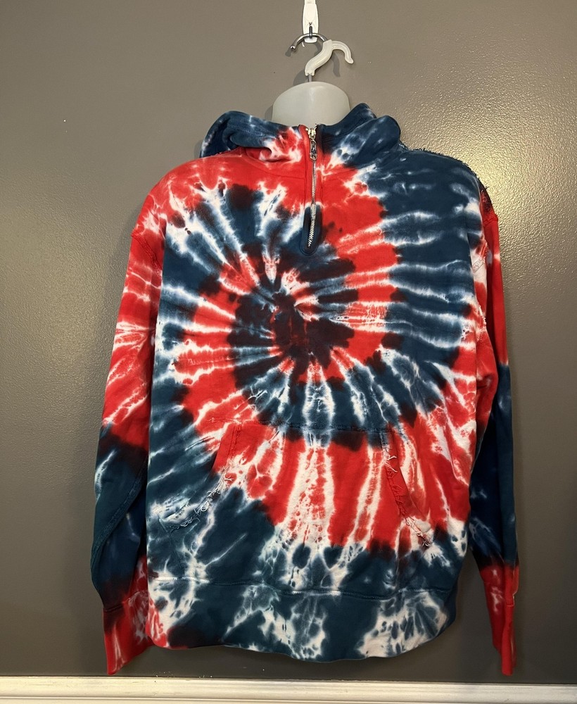 Parks Hoodie Mens Medium Red White Blue Tie Dye Quarter Zip Kangaroo Pocket