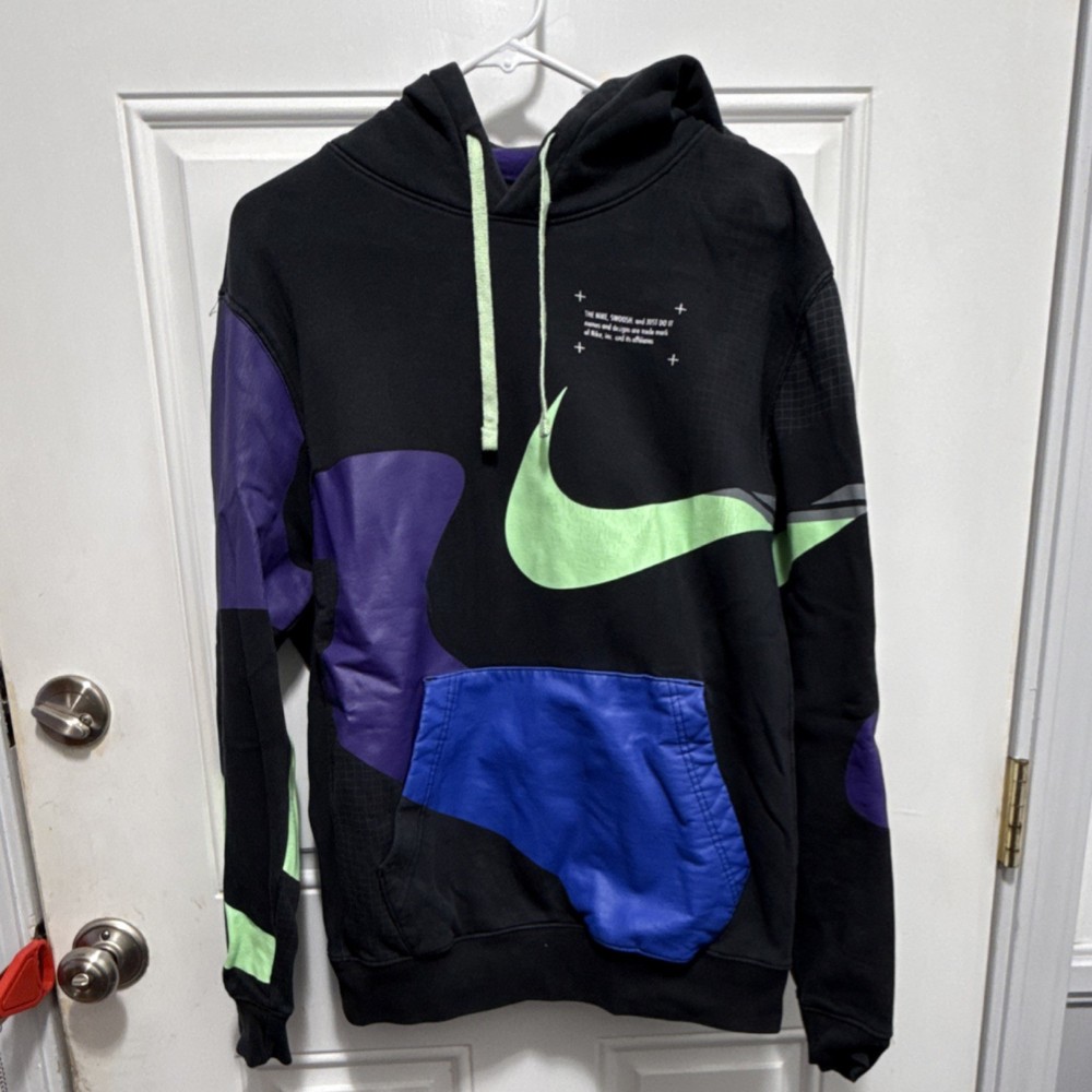 Nike Black Purple Green Graphic Print Pullover Hoodie Logo Pockets Men’s M Knit