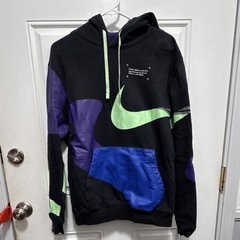 Nike Black Purple Green Graphic Print Pullover Hoodie Logo Pockets Men’s M Knit