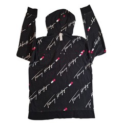 VTG Tommy Hilfiger Medium All Over Print Script Logo Hoodie Black White Red