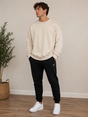 Gymshark Men’s L Beige Crew Neck Pullover Fleece Sweatshirt Solid Logo