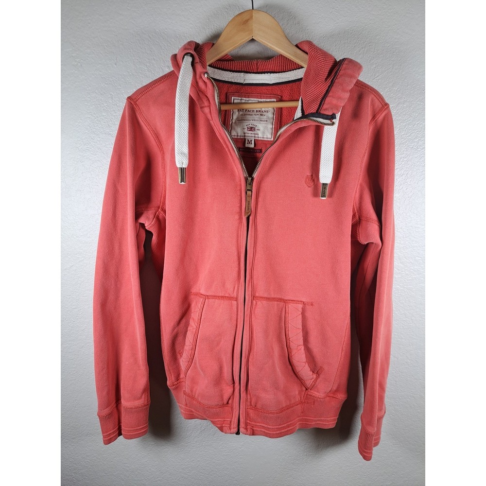 Fat Face Mens Full Zip Hoodie Coral Red Waffle Lined Hood Sweatshirt Medium