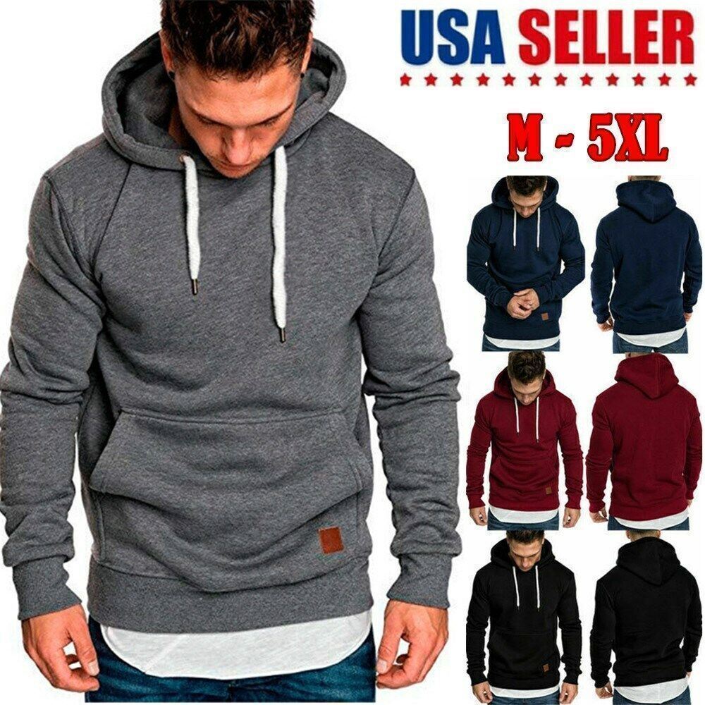 Men Hoodie Casual Hooded Solid Pocket Slim Fit Sweatshirts Pullover Sweater Tops