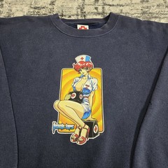 Vtg 90s Hook-Ups Skateboarding Nurse Graphic Sweatshirt Large Navy Blue 1990s