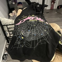 sp5der Black Pullover Hoodie Spider Web Graphic Print Logo Hooded Pockets Unisex
