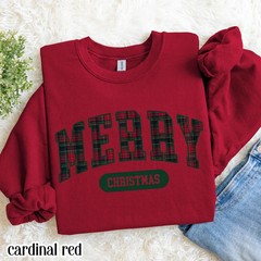 Merry Christmas Sweatshirt Tartan Plaid Holiday Festive Apparel
