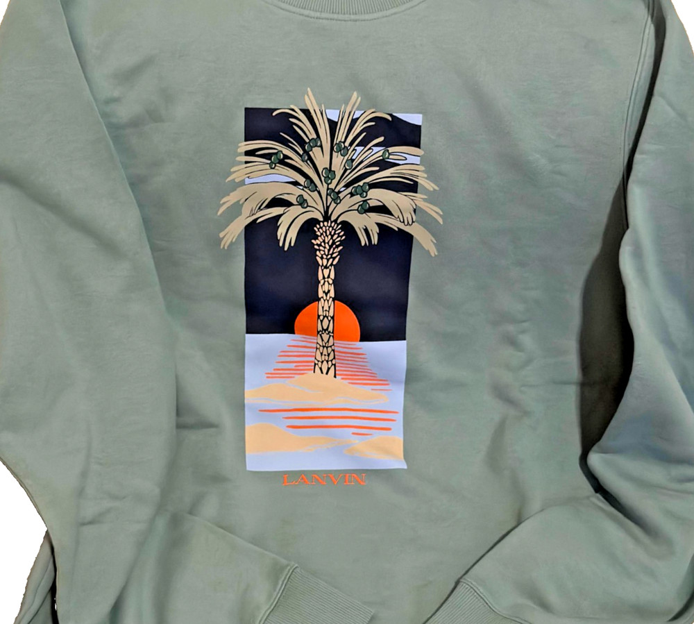 LANVIN Paris Luxury Pullover XL Resortwear Sage Green Palm Tree Sunset Graphic