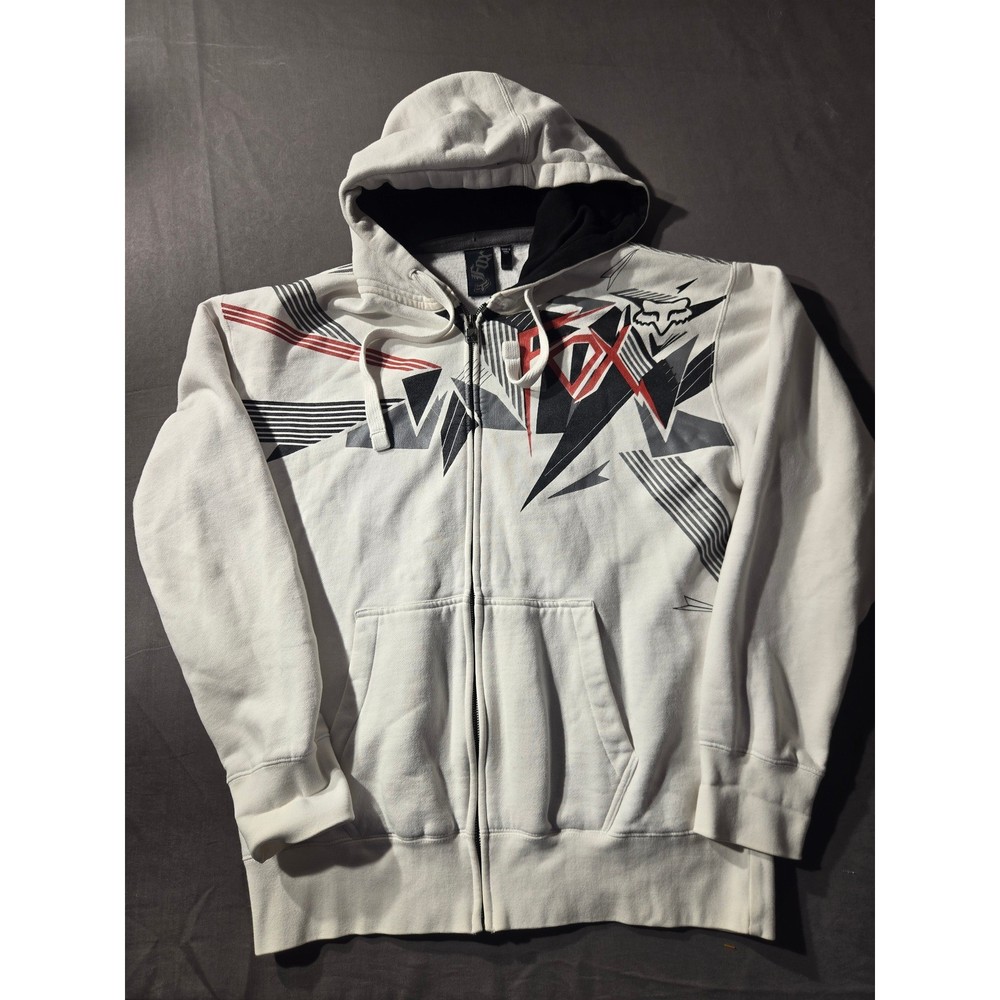 Fox Racing Mens XL Zip Up Hoodie White Geometric Graphic Logo Sweatshirt