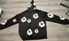 DENIM TEARS Men’s Black Pullover Hoodie L Cotton Knit White Flower Graphic Print