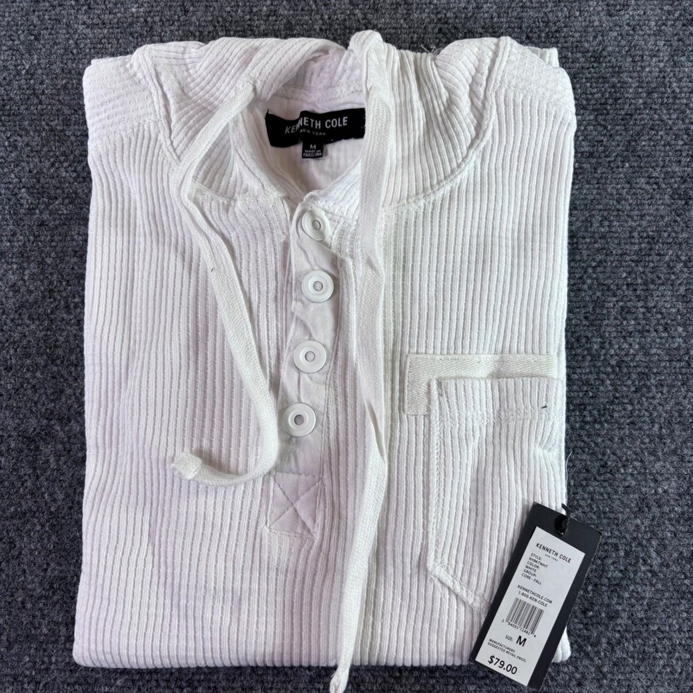 Kenneth Cole Hooded Henley Mens Medium White Ribbed Cotton NWT KH9KTWHT Thermal