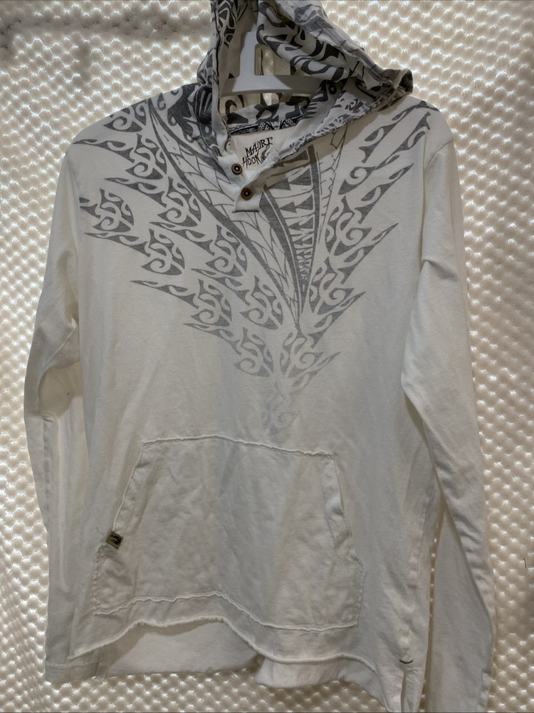 Maori Hook Mens Hoodie Pullover Sweatshirt Pockets White Gray Sz M With Pouch