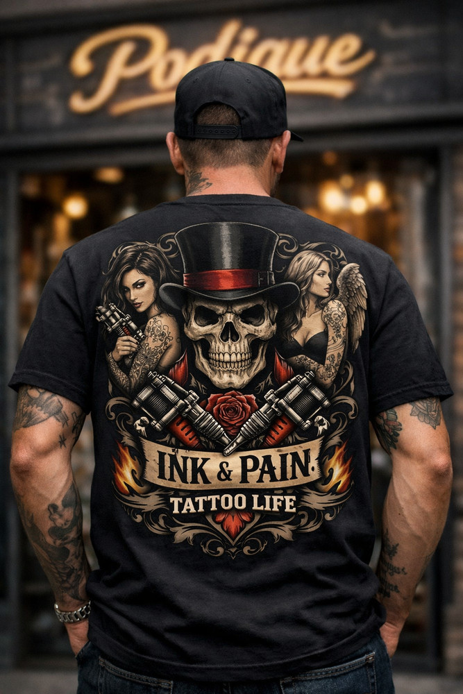 Men’s Skull Tattoo T-Shirt Ink Pain Graphic Biker Gothic Streetwear Tee US