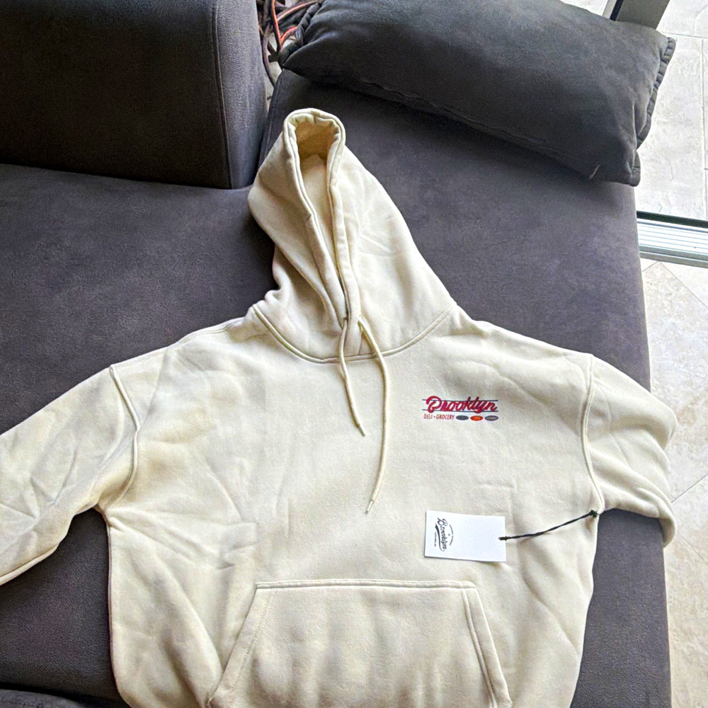 Men’s Beige Pullover Hoodie M Graphic Print Logo Drawstring Kangaroo Pocket
