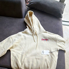 Men’s Beige Pullover Hoodie M Graphic Print Logo Drawstring Kangaroo Pocket