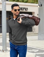 Men’s Solid Color Sweater Long Sleeve Mock Neck Dark Grey Polyester, Spandex