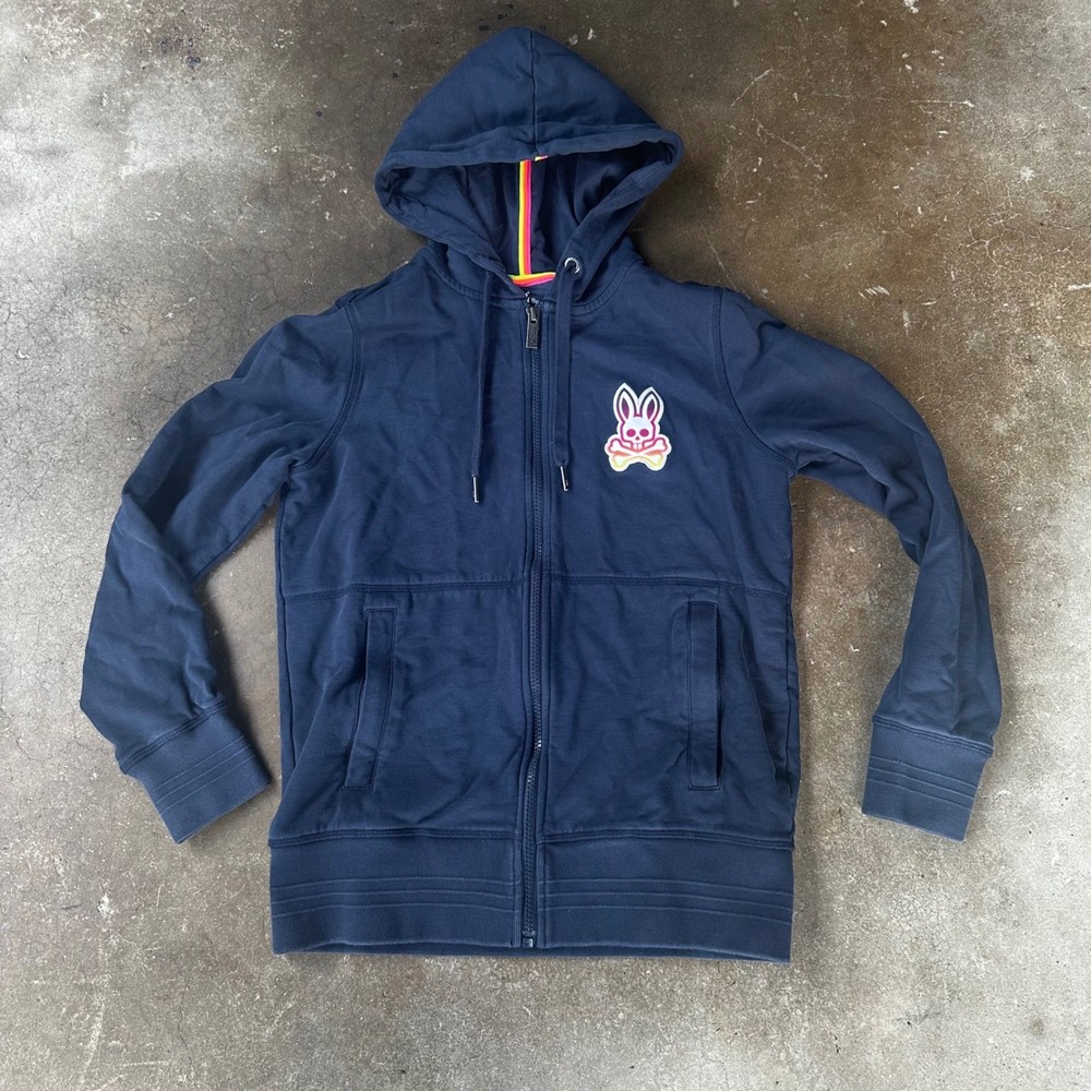 Psycho Bunny Full Zip Hoodie Mens XXS Navy Blue Excellent Gradient Logo Hooded