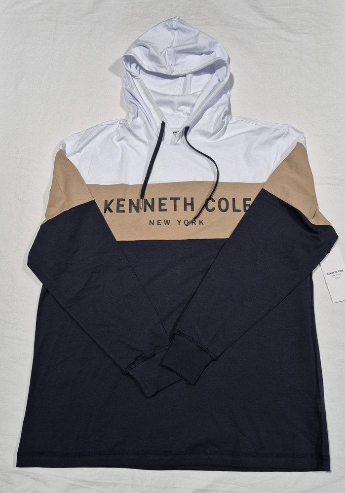 Kenneth Cole New York Long Sleeve Hoodie Shirt – White/Navy/Brown Core Spring