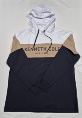 Kenneth Cole New York Long Sleeve Hoodie Shirt – White/Navy/Brown Core Spring