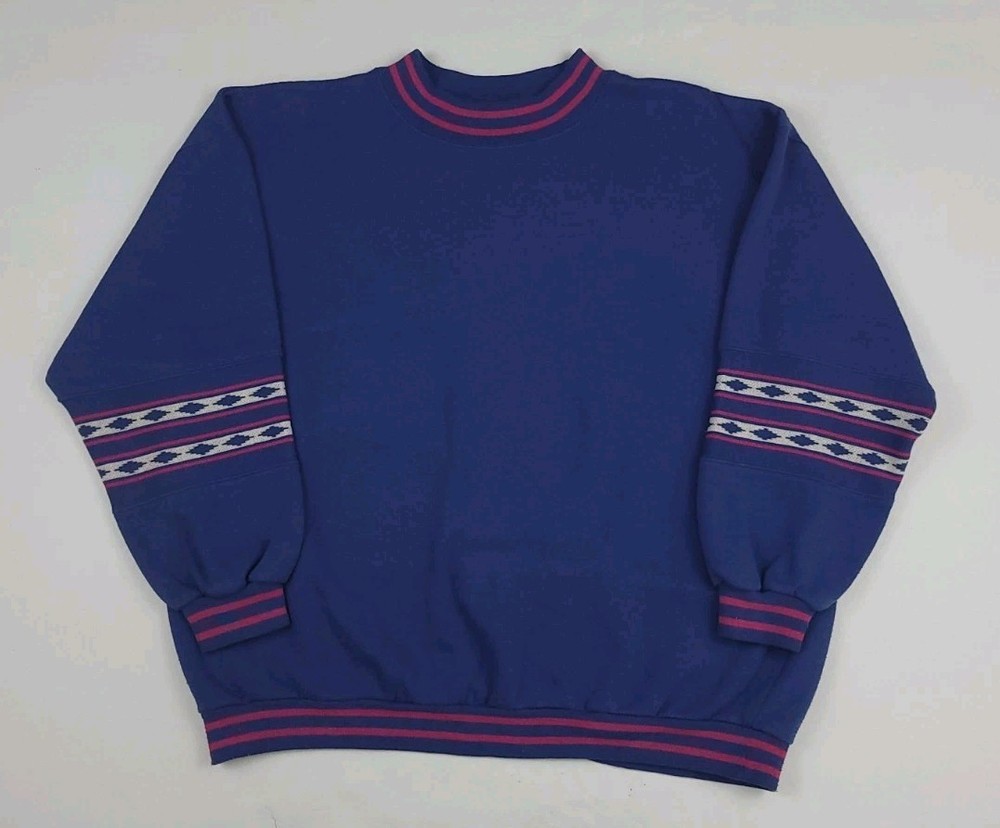 Vintage Cheetah Blank Blue Purple Aztec Tribal Pattern Sweatshirt Vtg 90s Sport