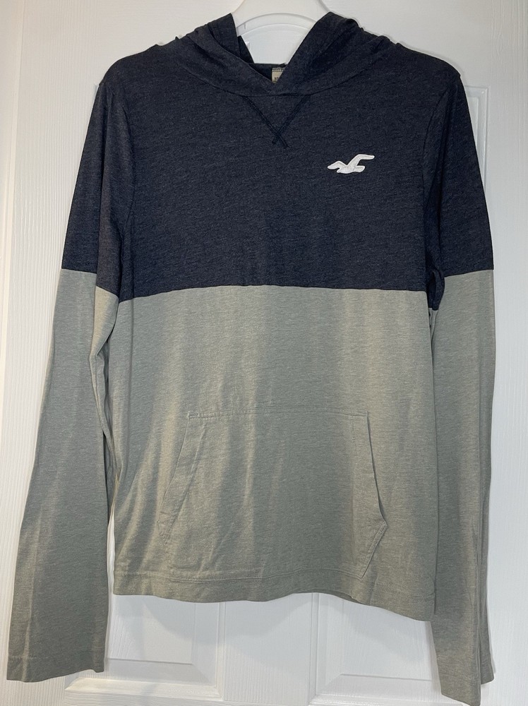 HOLLISTER LONG SLEEVE LIGHTWEIGHT HOODED GRAY & NAVY COLOR-BLOCK SHIRT SIZE XL