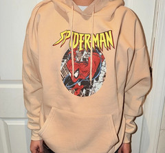 NWT Marvel Spiderman Comic Page Graphic Print Tan Hoodie Size Large New