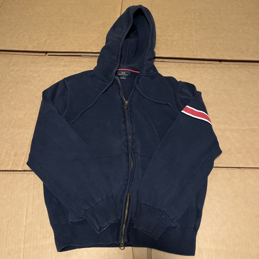 Brooks Brothers 346 Mens Navy Blue Full Zip Hoodie Medium Red White Arm Stripes