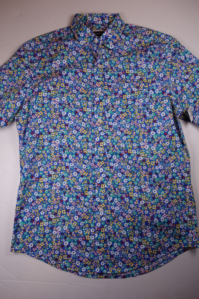 CLUB ROOM Mens Sapphire Blue Floral Short Sleeve Front Button Shirt NEW Small