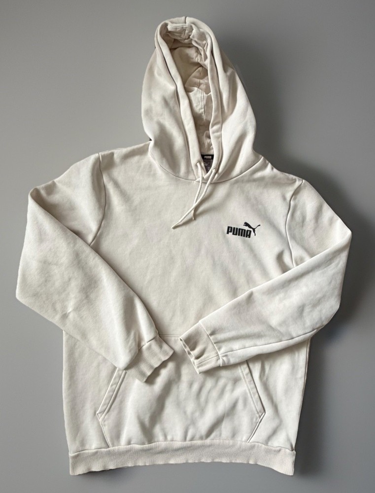 PUMA Long Sleeve Hoodie Sweatshirt Kangaroo Pocket Beige Logo Medium JBHS