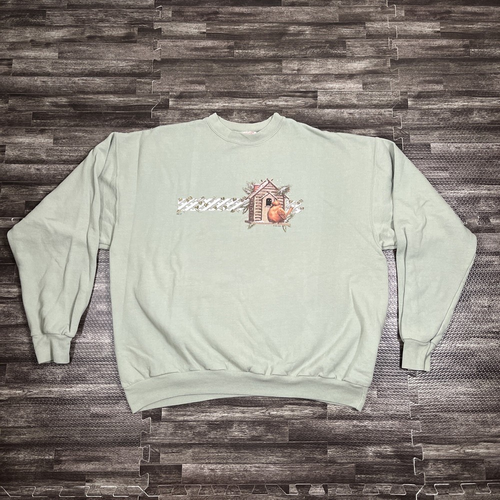 Vintage Garden Bird Nature Crewneck Sweatshirt Green XL VTG Y2K Cute Fall Winter