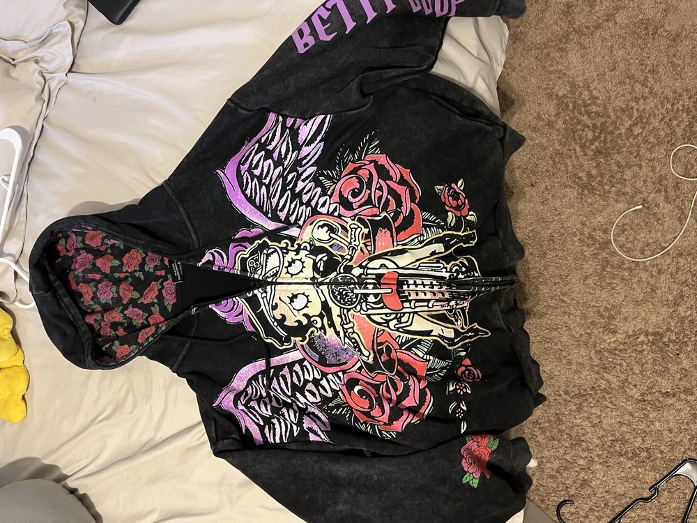 Fleece Scher Men’s L Black Full Zip Fleece Hoodie Skull Rose Graphic Print