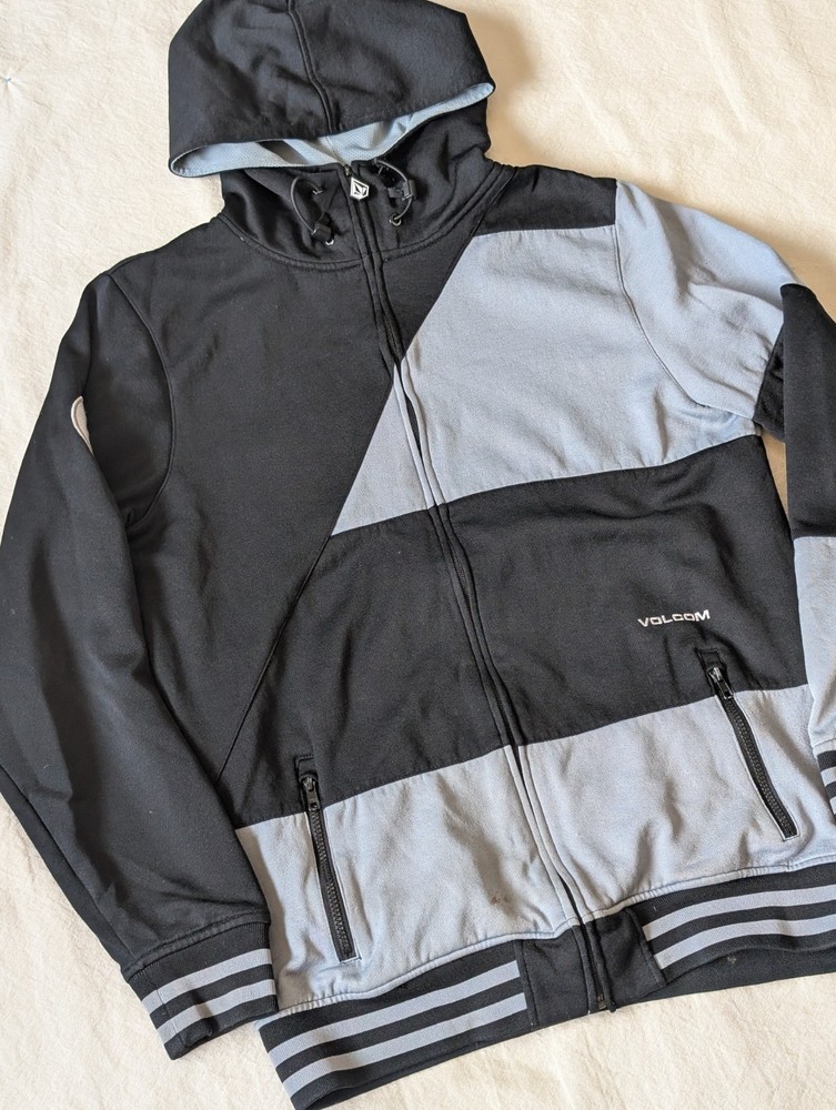 Volcom Men’s Zip Hoodie Grayscale Color Block Pockets Skate Ski Tech Fleece LG