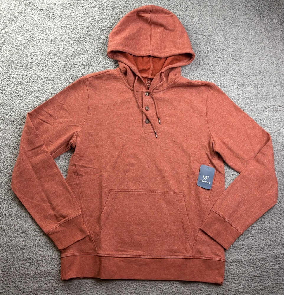 George Hoodie Sweatshirt Mens Medium Orange Henley Button Pullover NWT