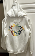 Karl Kani Gold White Hoodie Full Zip Front Studded Skull Back Size XL Vintage Y2