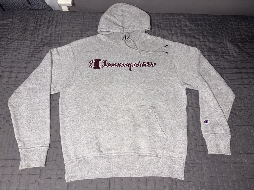 Vtg Champion Burgandy Embroidered Letters Gray Hoodie Sweatshirt Med EUC